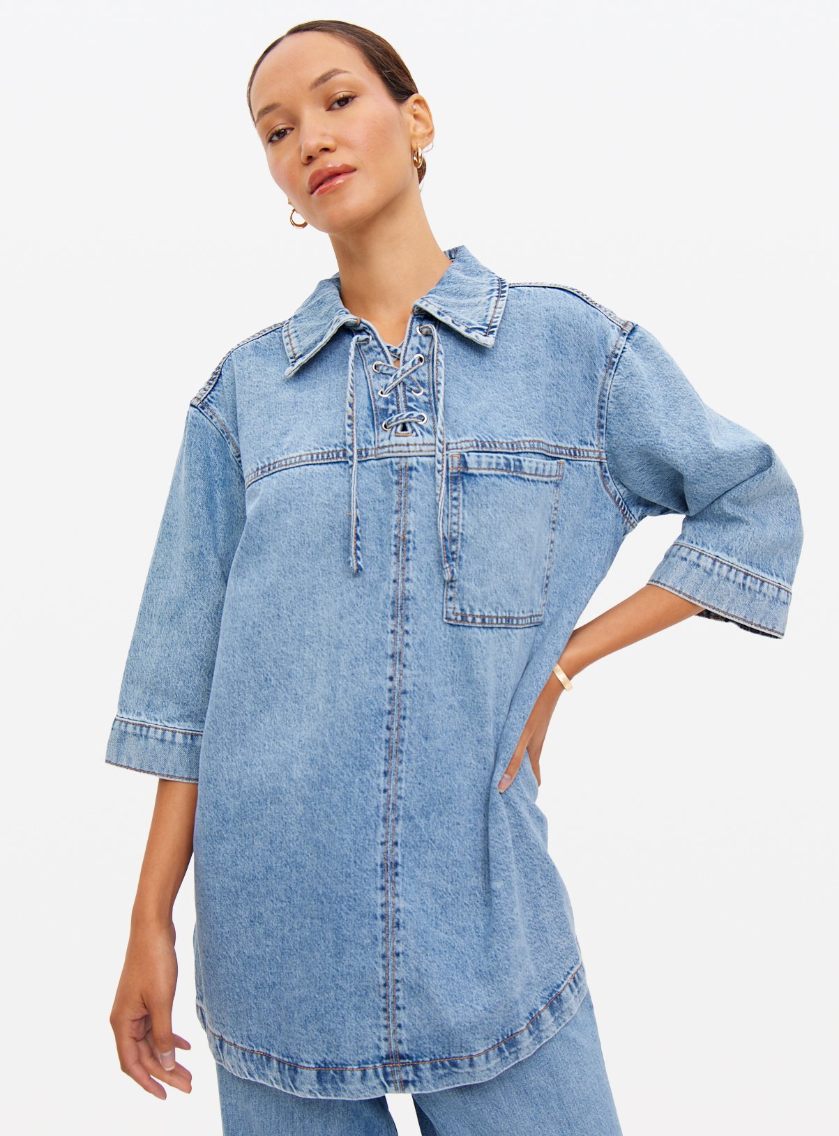 Mid Wash Tie Detail Co-ord Denim Tunic Shirt