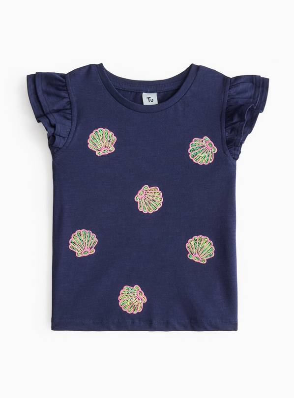 Navy Sequin Detail Frill T-Shirt 2-3 years