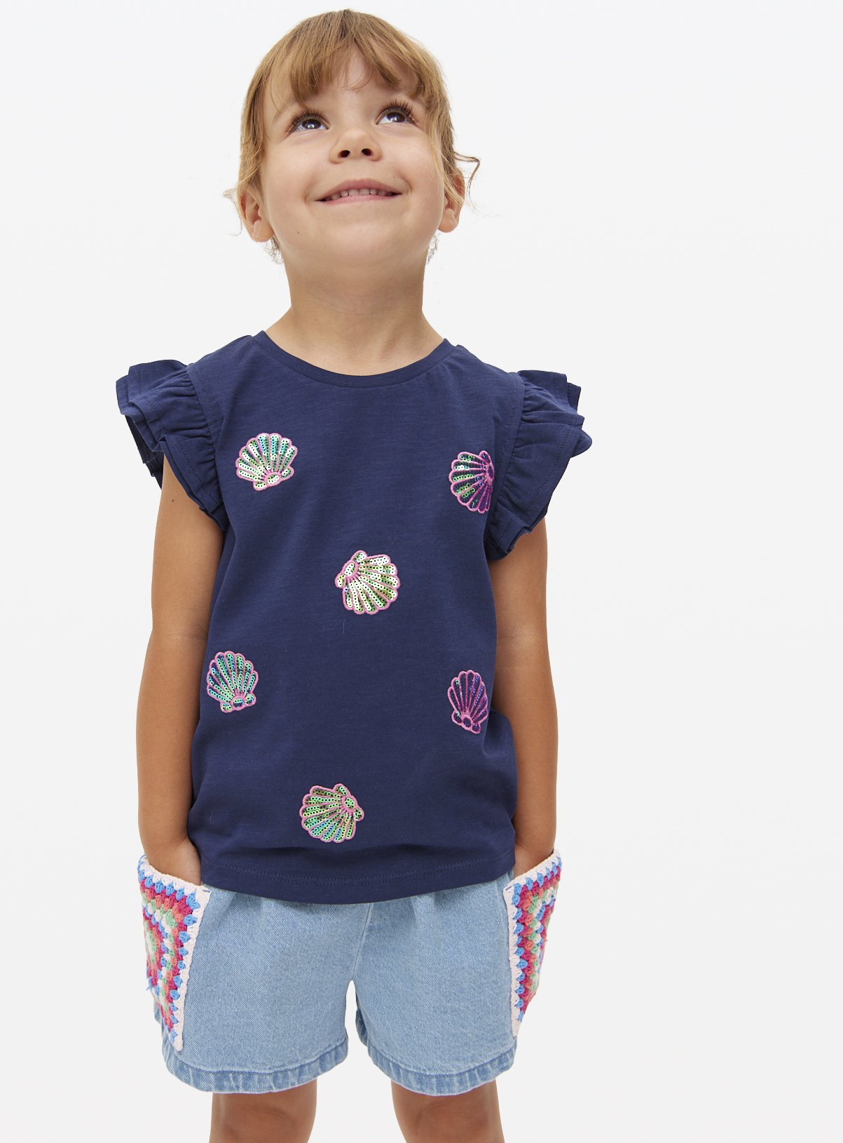 Navy Navy Sequin Detail Frill T-Shirt (1-2 Years) - Tu by Sainsbury's