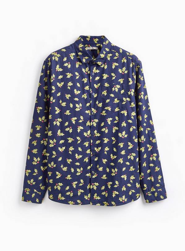 Navy Holly Print Poplin Shirt L
