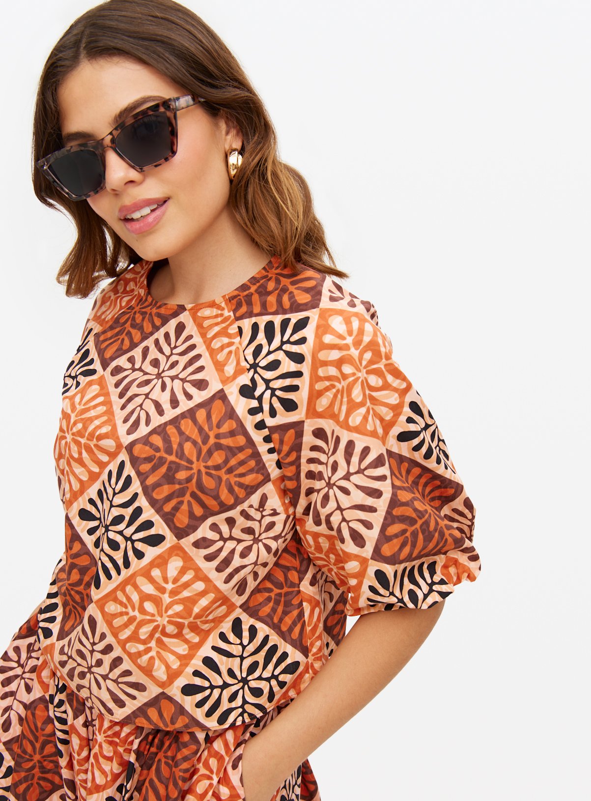 Tile Printed Puff Sleeve Co-ord Top