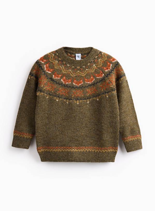 Khaki Fairisle Fox Design Knitted Jumper 3-4 years