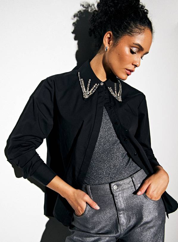 Black Embellished Collar Poplin Shirt 8