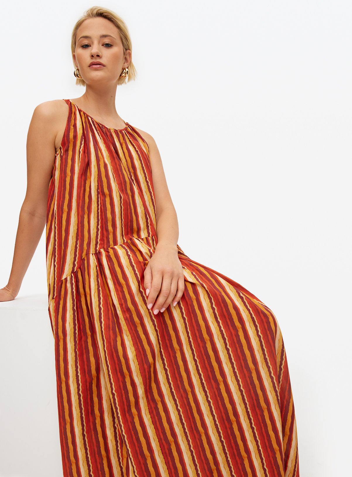 Red Tonal Stripe Trapeze Maxi Dress L - Image 1 thumbnail