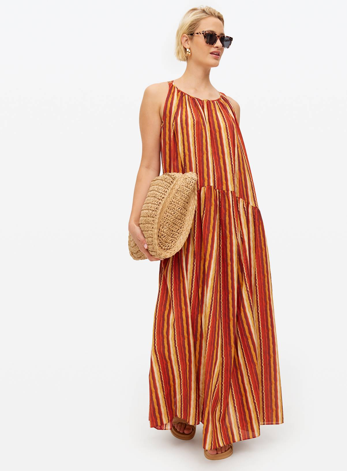 Red Tonal Stripe Trapeze Maxi Dress L - Image 2