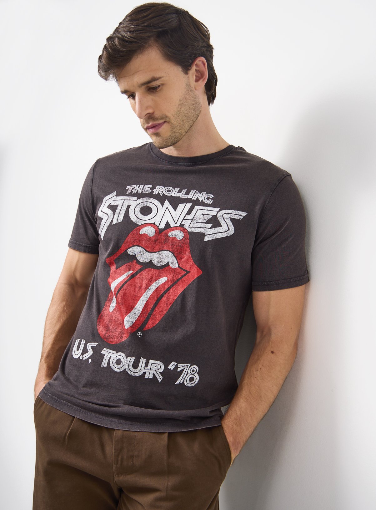 Men's Grey Charcoal Washed Rolling Stones Graphic T-Shirt