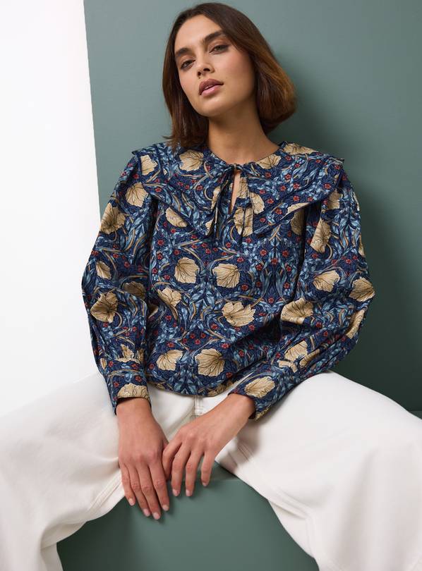 Tu x Morris & Co. Navy Pimpernel Print Poplin Cape Blouse 22
