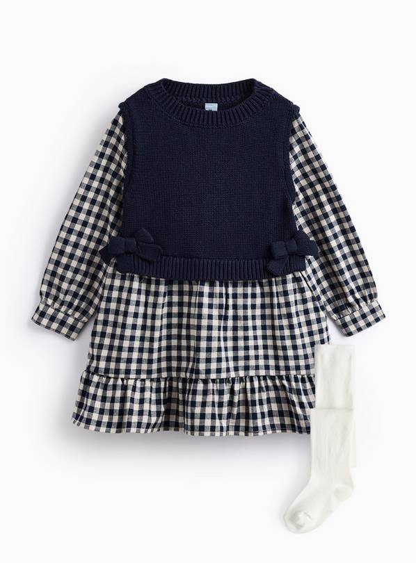 Navy Knitted Tank Gingham Dress & Tights 3-4 years