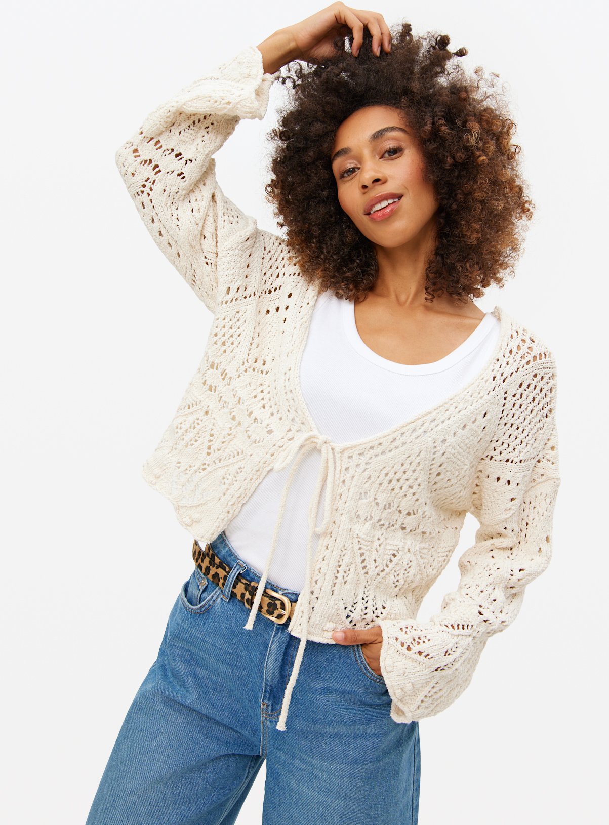 Cream Tie Front Pointelle Cardigan 10 - Image 3 thumbnail