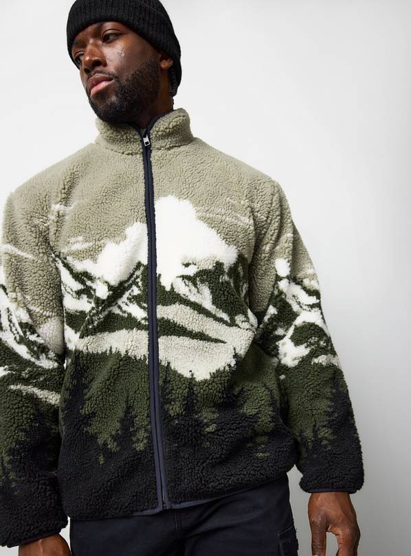 Green Scenic Print Borg Fleece Zip Through Jacket XL