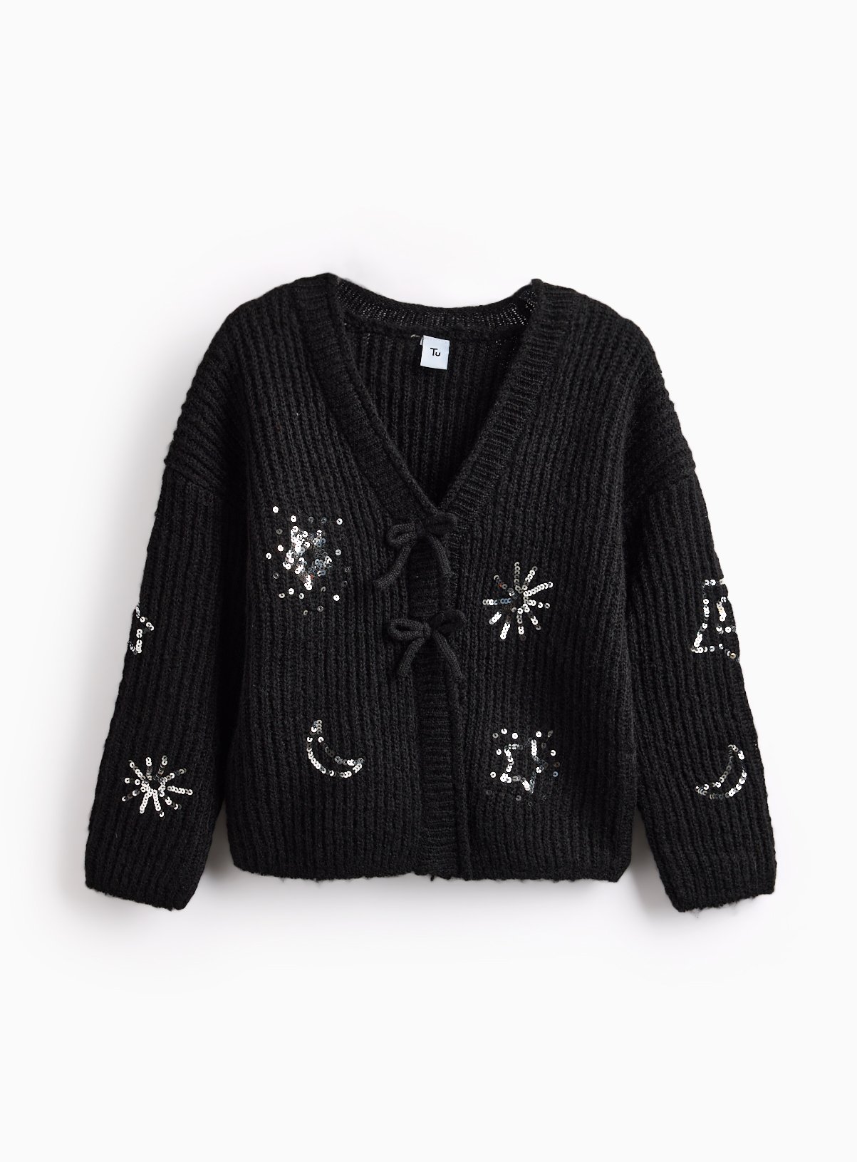 Black Black Sequinned Bow Front Knitted Cardigan - Tu by Sainsbury's