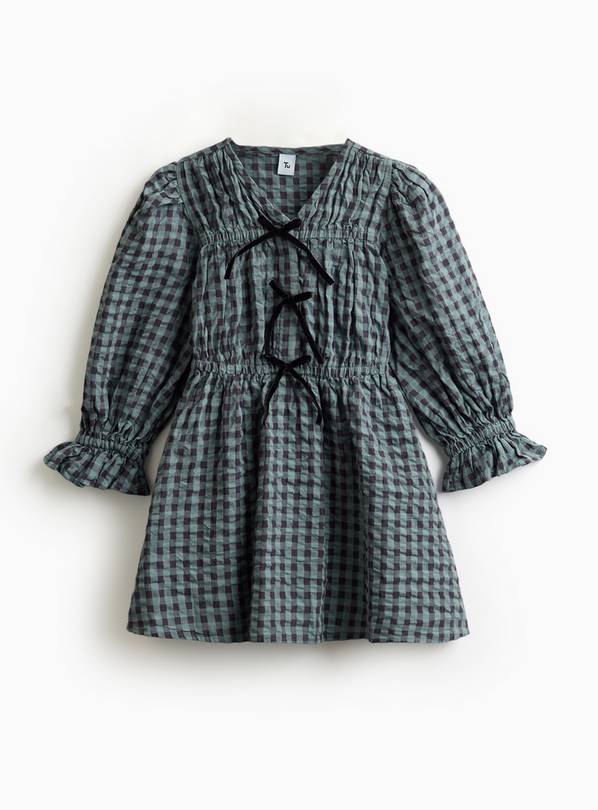 Blue Bow Front Check Printed Dress 13 years