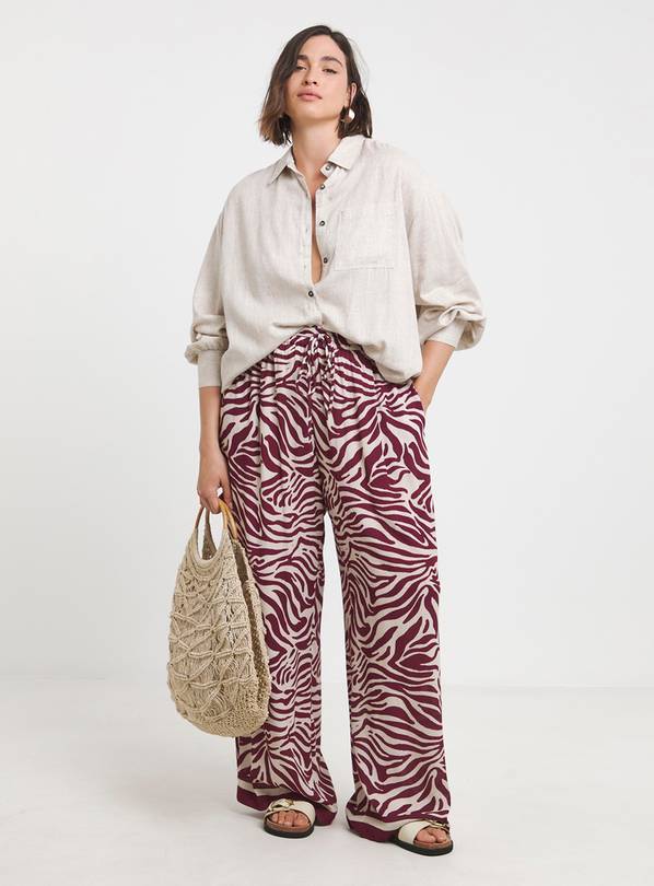 SIMPLY BE Tie Waist Crinkle Wide Leg Trouser Burgundy Zebra 26