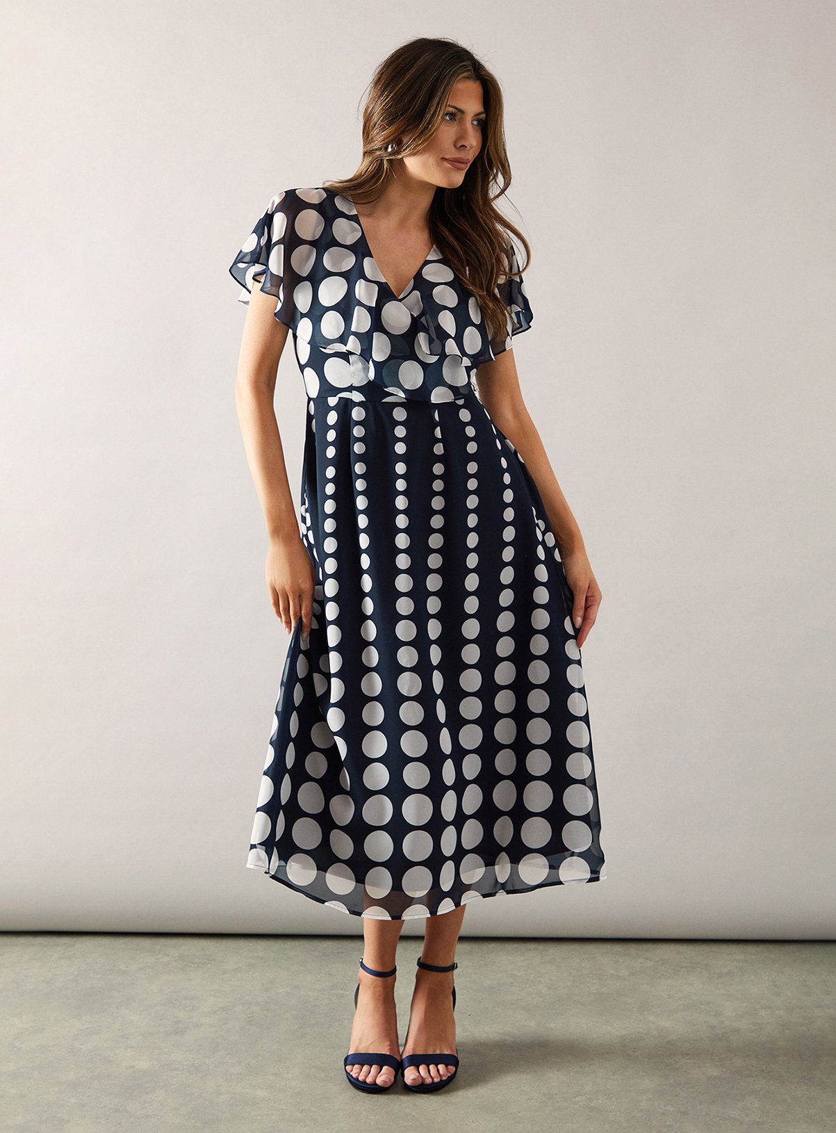 WALLIS Spot Border Cape Sleeve Midi Dress 14 - Image 1 thumbnail