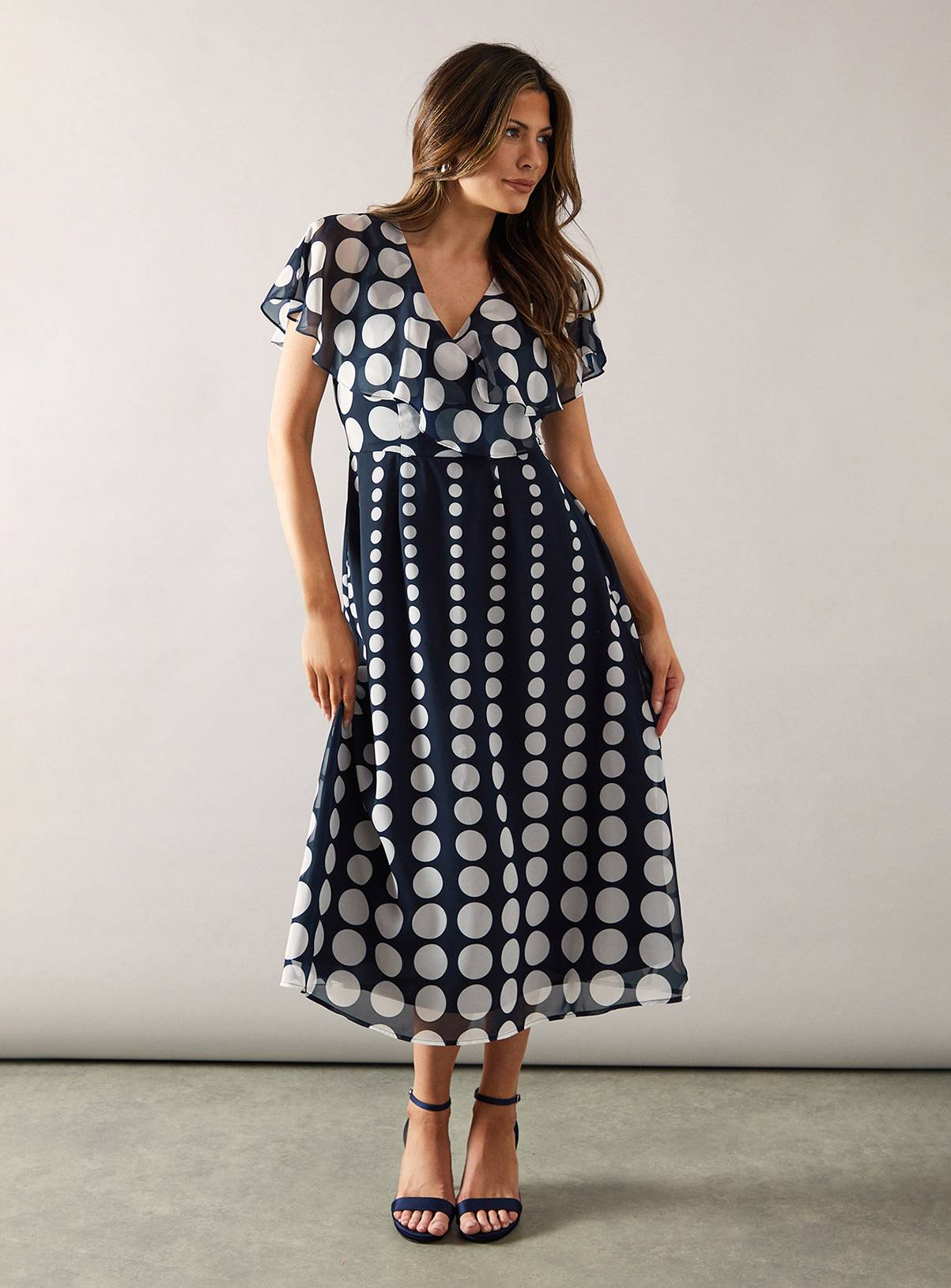 WALLIS Spot Border Cape Sleeve Midi Dress 14 - Image 1