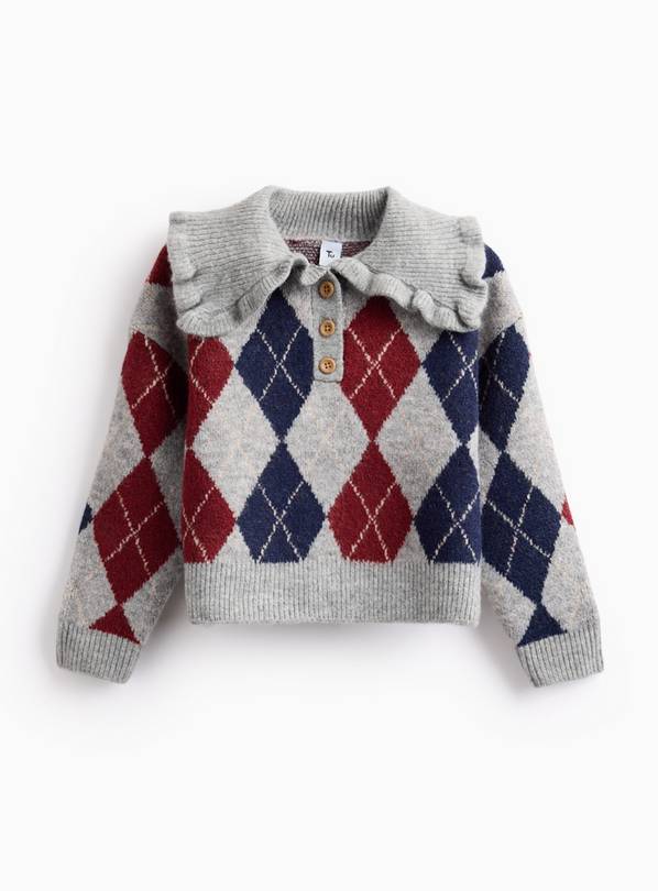 Grey Argyle Frill Collared Jumper 7 years