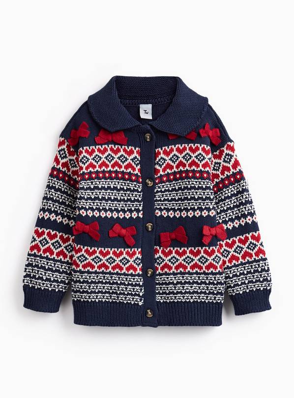 Navy Fairisle Bows Collared Chunky Knit Cardigan 3-4 years