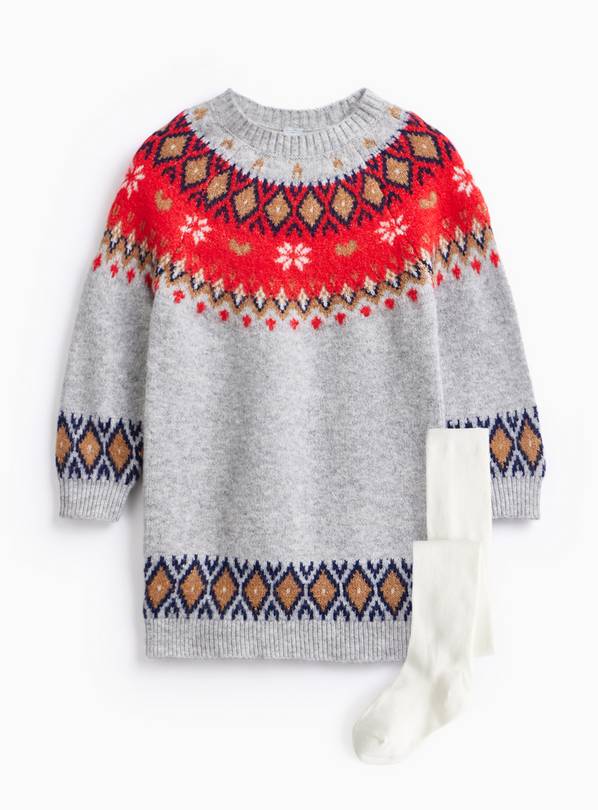 Grey Fairisle Red Knitted Dress With Tights Set 4-5 years