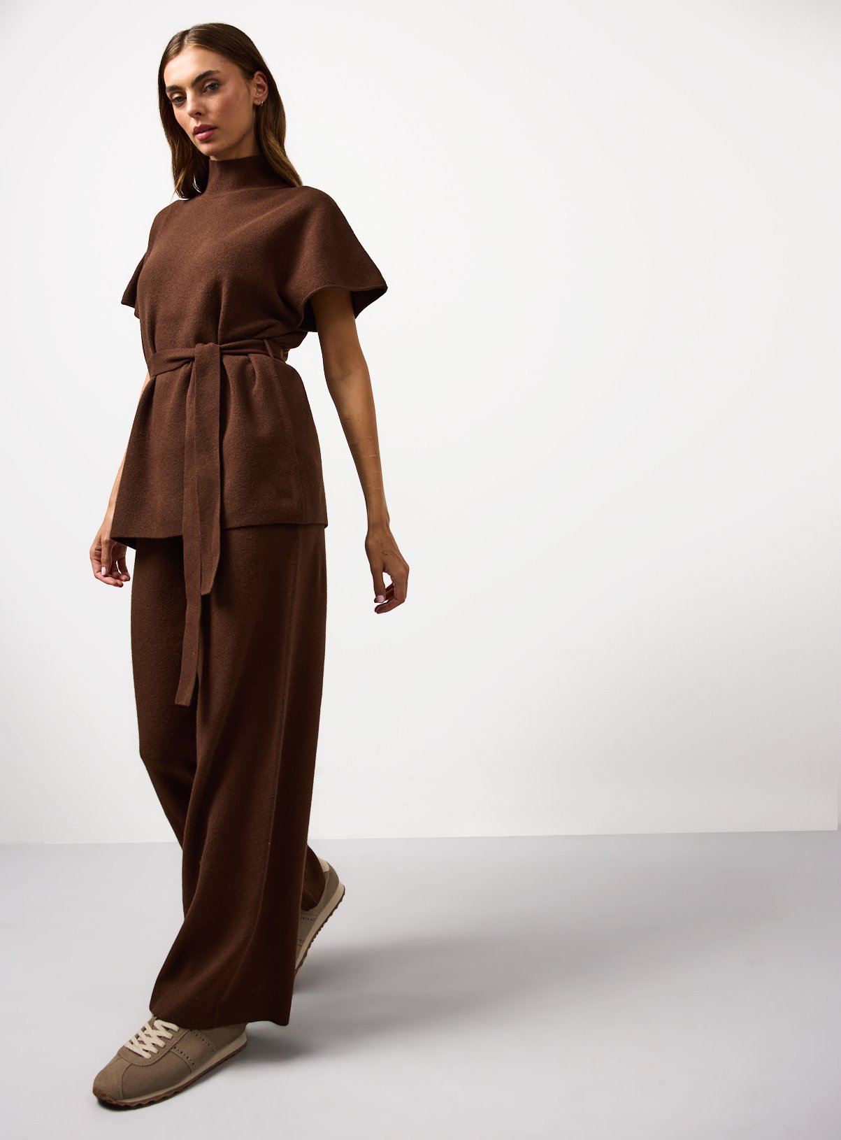 Brown Compact Knit Wide Leg Co-ord Trousers  24 - Image 1 thumbnail