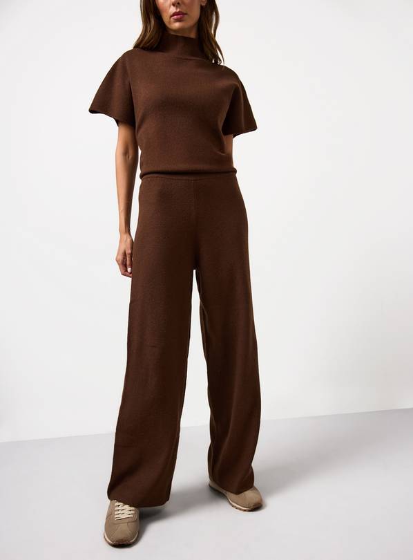 Brown Compact Knit Wide Leg Co-ord Trousers  24