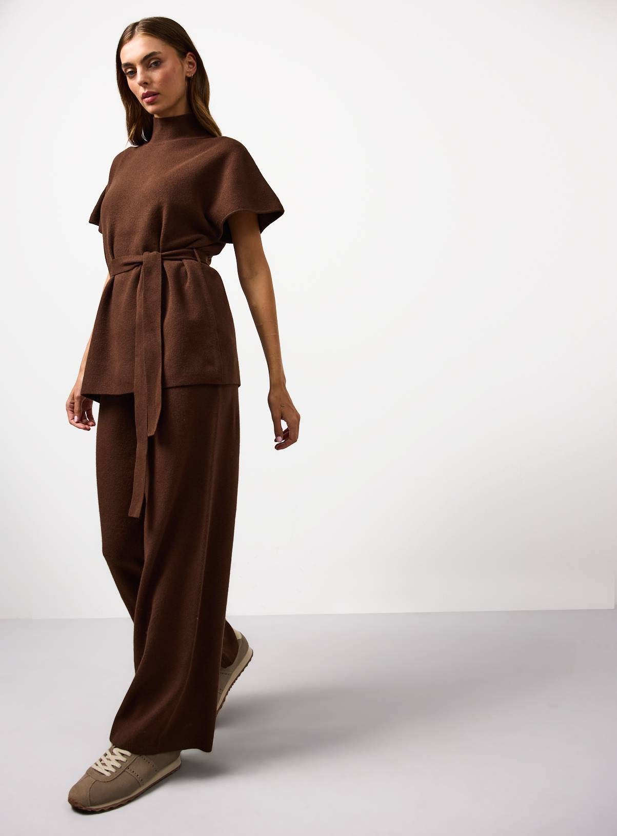 Brown Compact Knit Wide Leg Co-ord Trousers  24 - Image 1