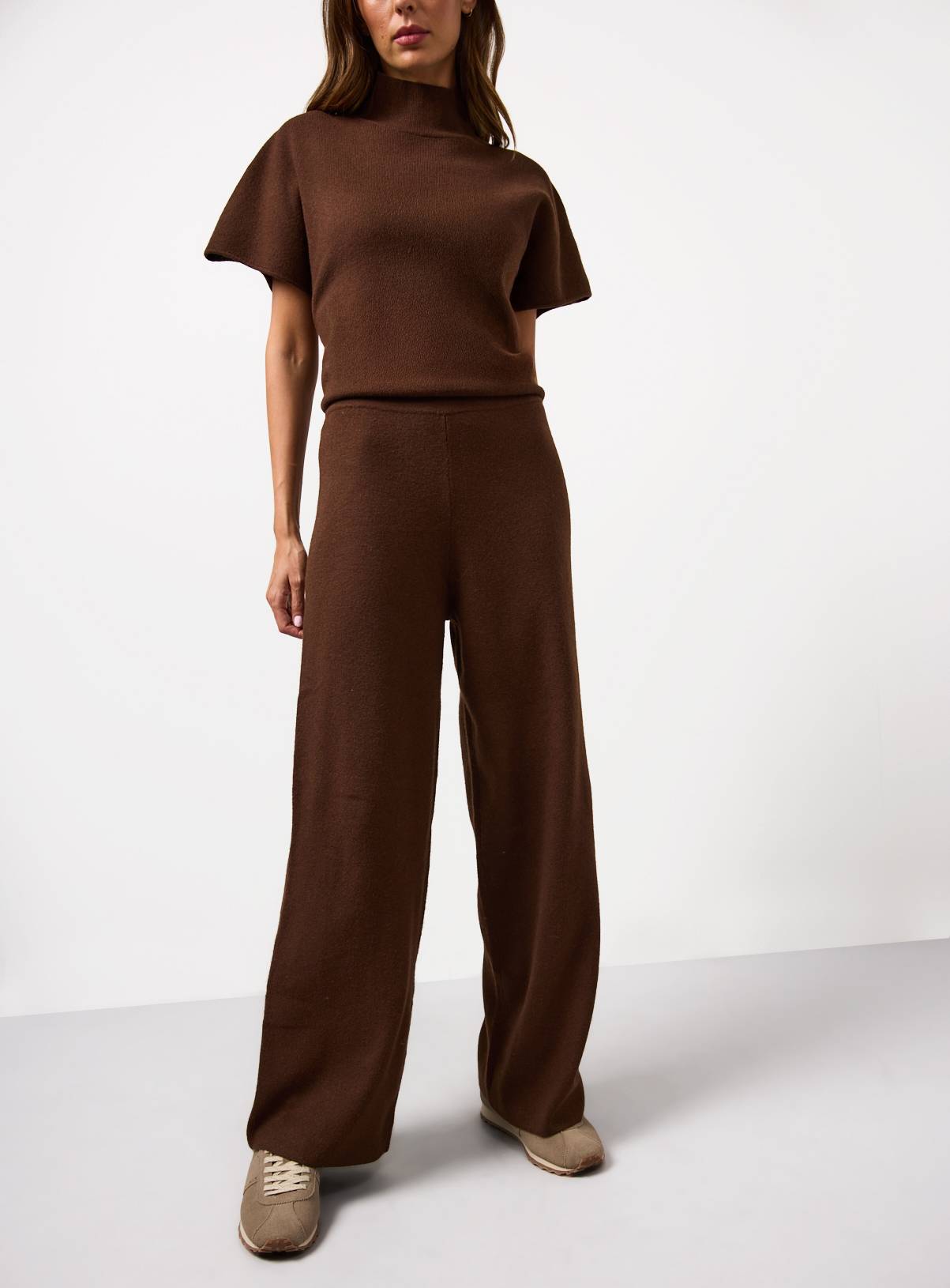 Brown Compact Knit Wide Leg Co-ord Trousers  24 - Image 2