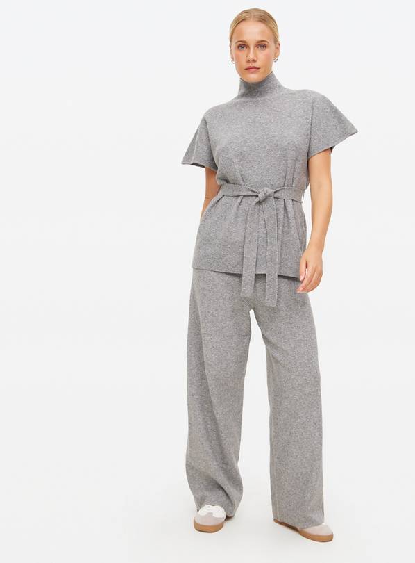 Grey Compact Knit Wide Leg Co-ord Trousers  10