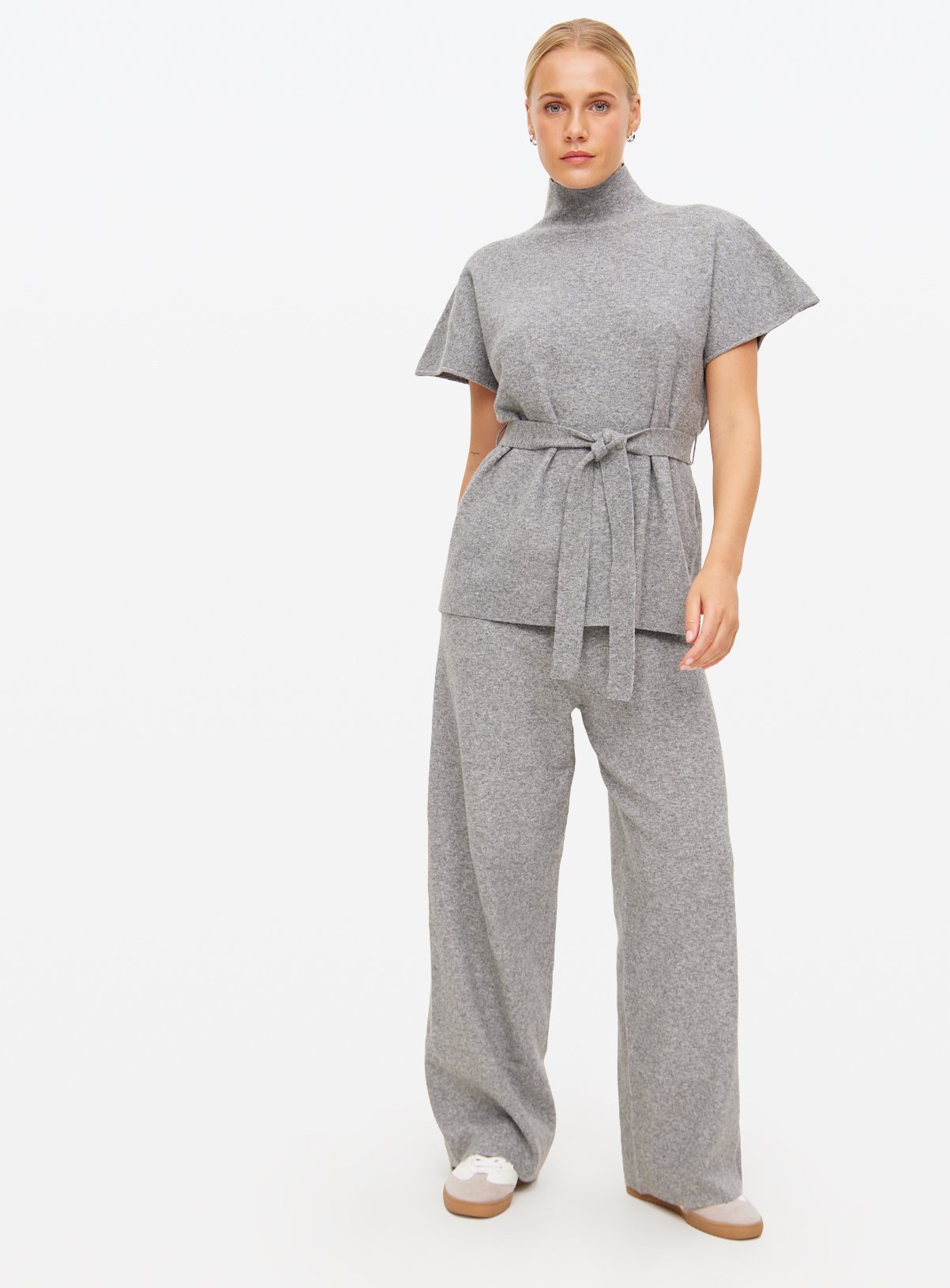 Grey Compact Knit Wide Leg Co-ord Trousers  6 - Image 1 thumbnail