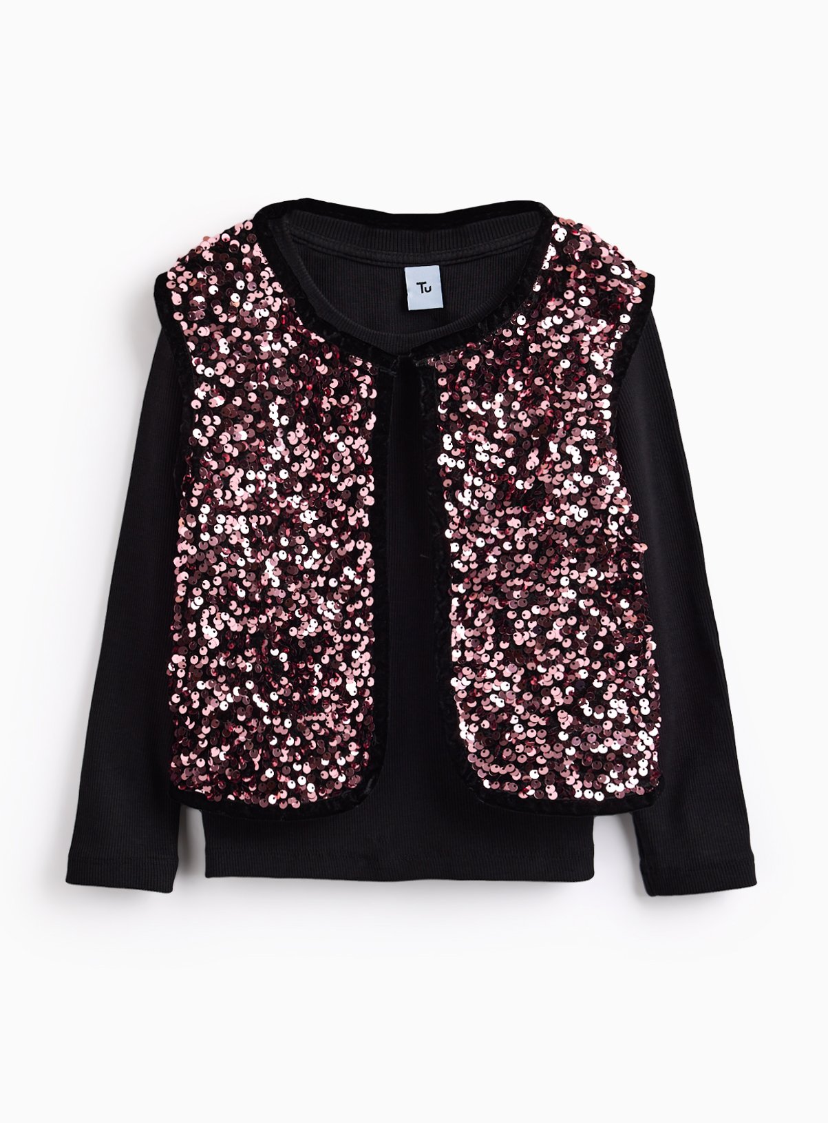 Pink Black Ribbed Long Sleeve Top & Pink Sequin Waistcoat - Tu by Sainsbury's