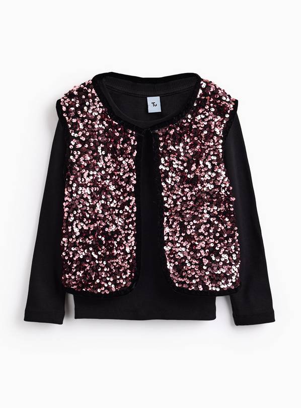 Black Ribbed Long Sleeve Top & Pink Sequin Waistcoat 6-7 years