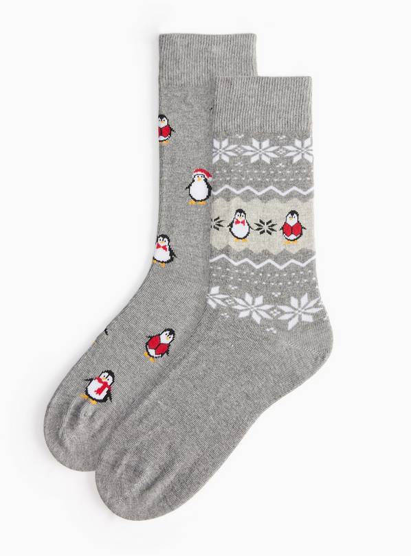 Christmas Penguin Grey Ankle Socks 2 Pack 6-8.5