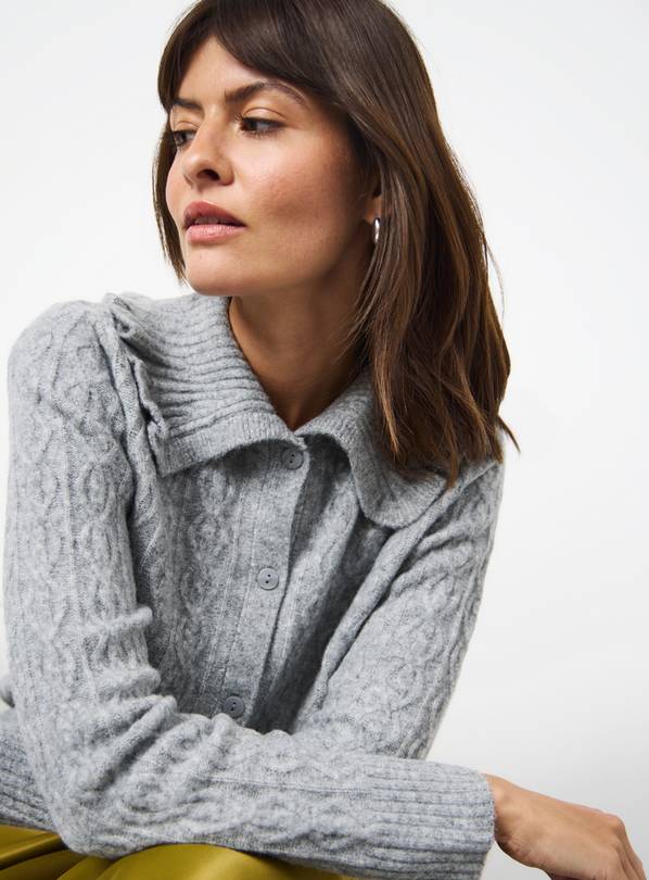 Grey Frill Collared Cable Knit Cardigan 12