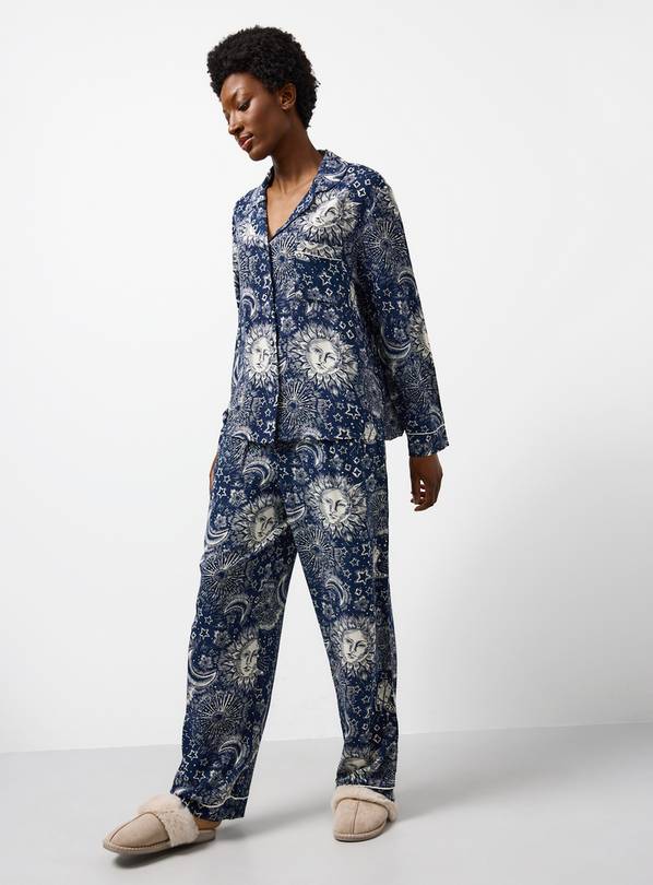 Navy Sun Celestial Print Viscose Traditional Pyjama Set  XXL