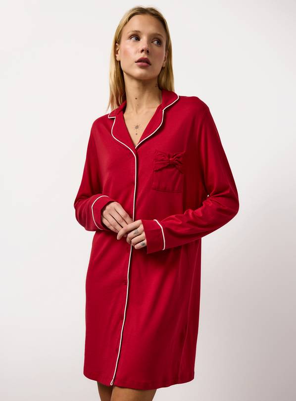 Red Modal Blend Bow Pocket Night Shirt M