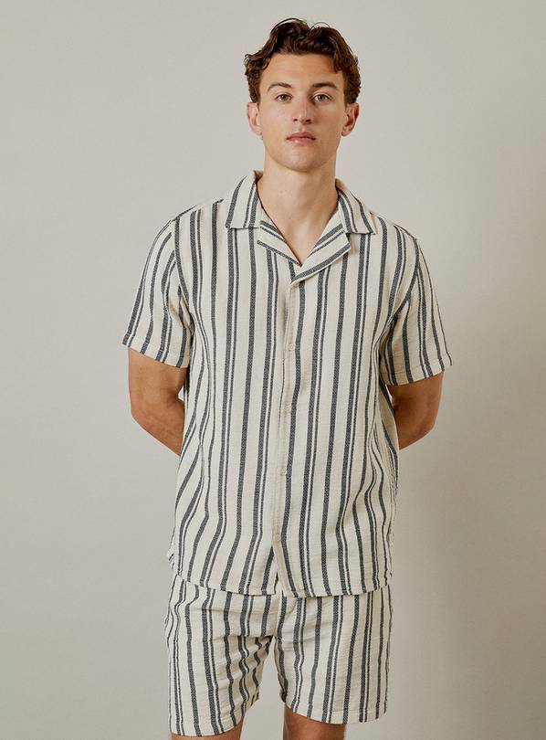 BURTON Off White Textured Stripe Revere Short Sleeve Shirt L