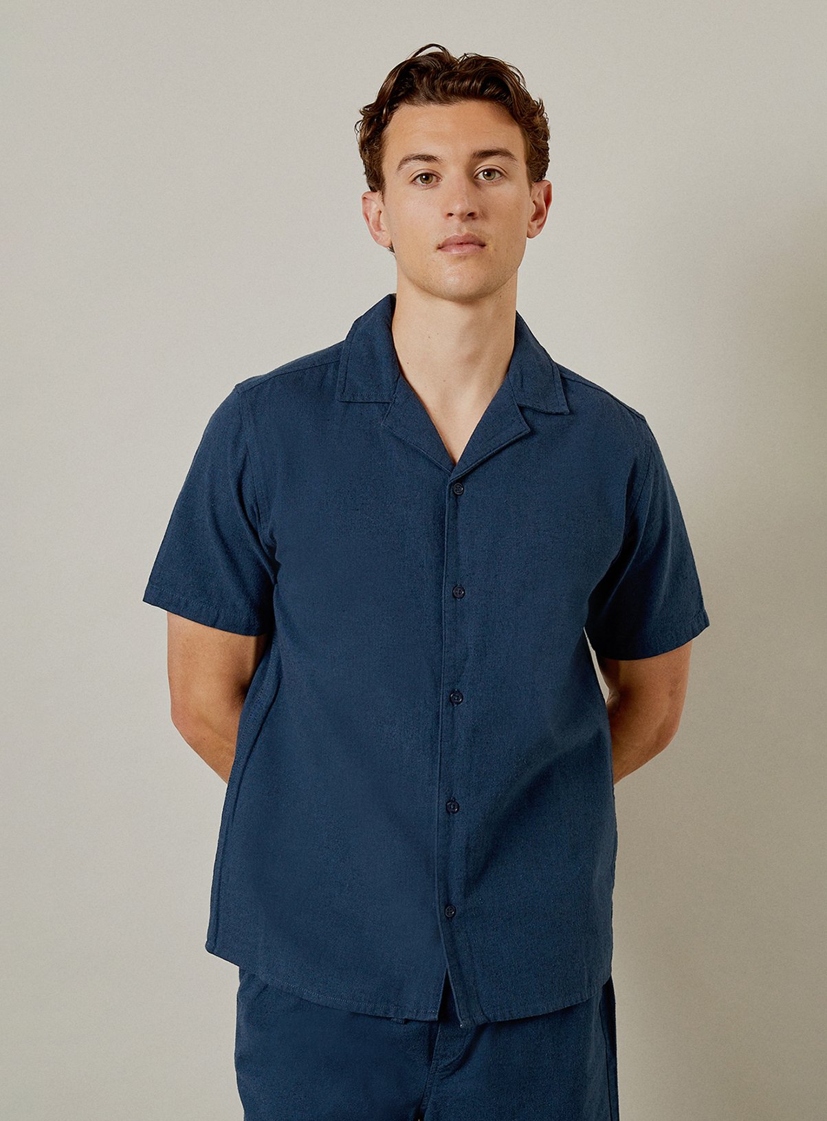 Men's BURTON Navy Marl Textured Revere Short Sleeve Shirt