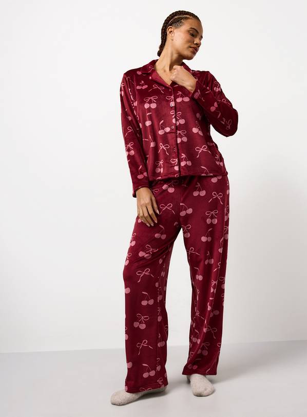 Plum Cherry Printed Slinky Fleece Pyjamas XL