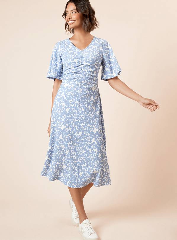 DOROTHY PERKINS Blue Floral Angel Sleeve Ruched Front Midi Dress 10