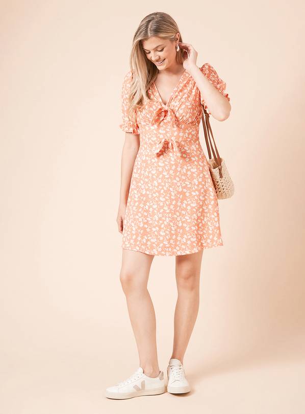 DOROTHY PERKINS Coral Ditsy Bow Front Puff Sleeve Mini Dress 14