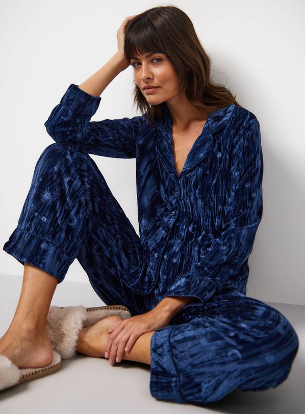 Navy Embossed Crinkle Velour Traditional Pyjamas S