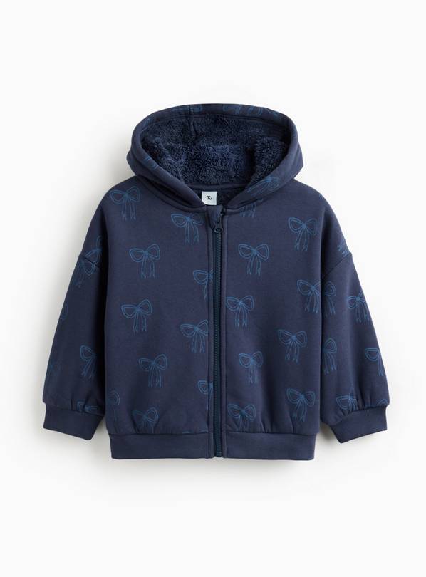 Navy Bow Print Borg-Lined Hoodie 3-4 years