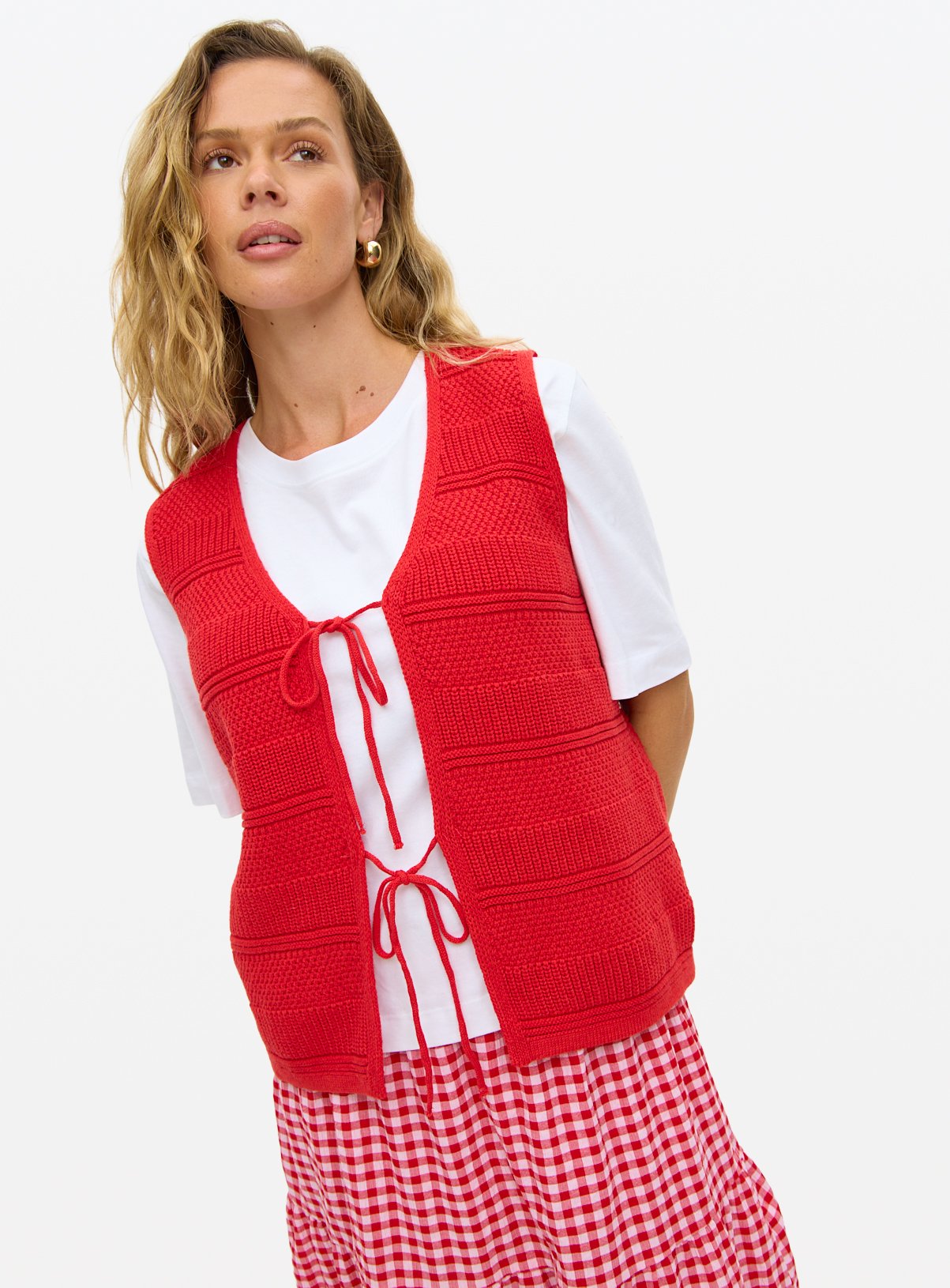 Red Tie Front Stripe Stitch Waistcoat 14 - Image 1 thumbnail
