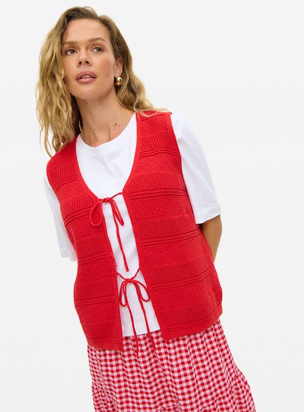 Red Tie Front Stripe Stitch Waistcoat 8