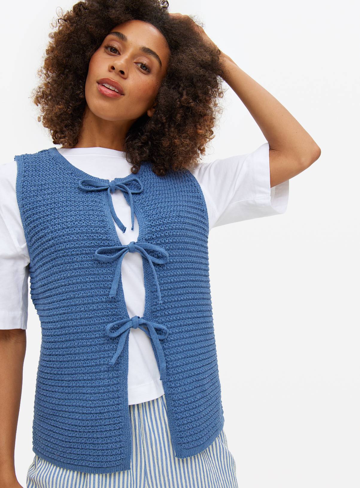 Blue Waffle Textured Tie Front Waistcoat L - Image 1