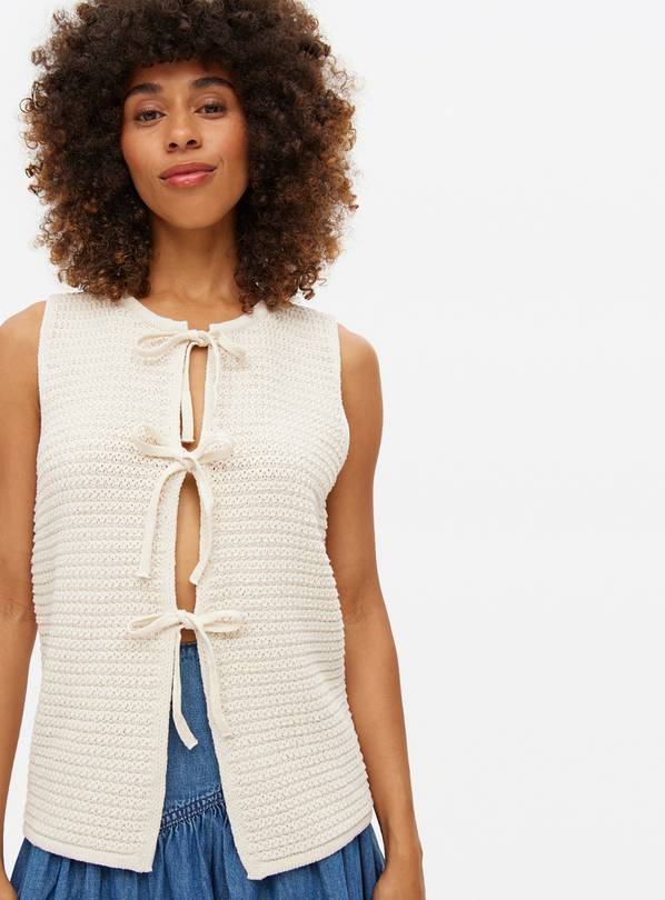 Neutral Waffle Textured Tie Front Waistcoat XL