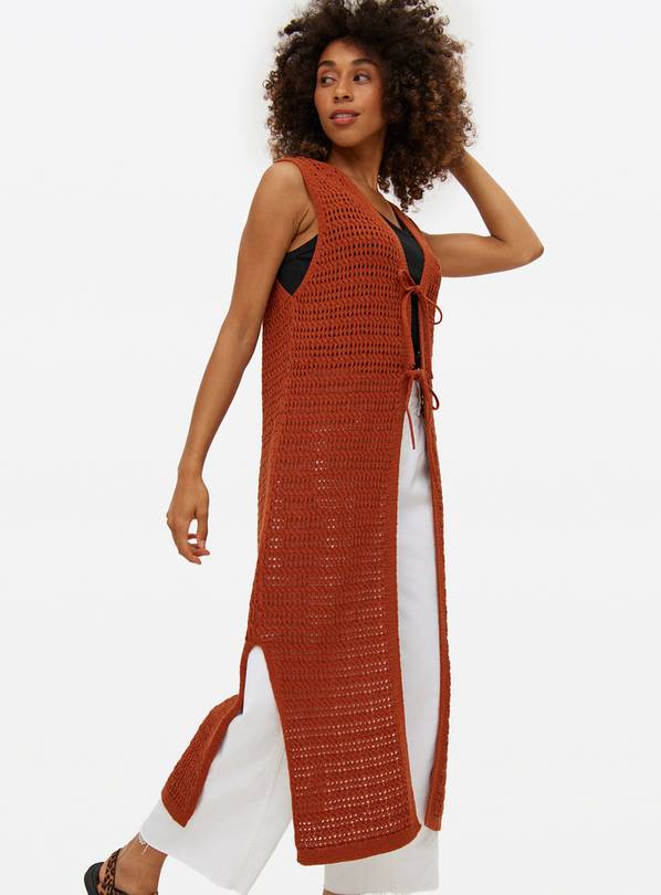 Tan Tie fastening Longline Waistcoat S