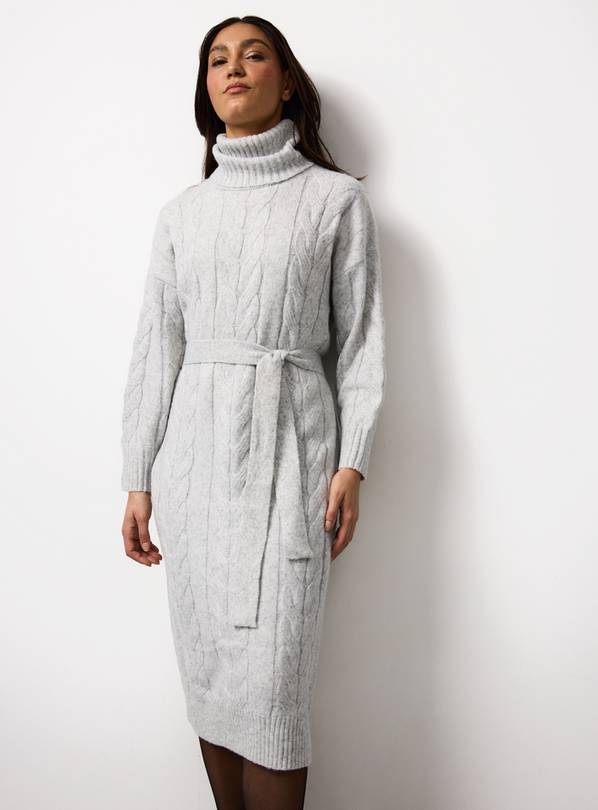 Grey Cable Knitted Belted Dress S