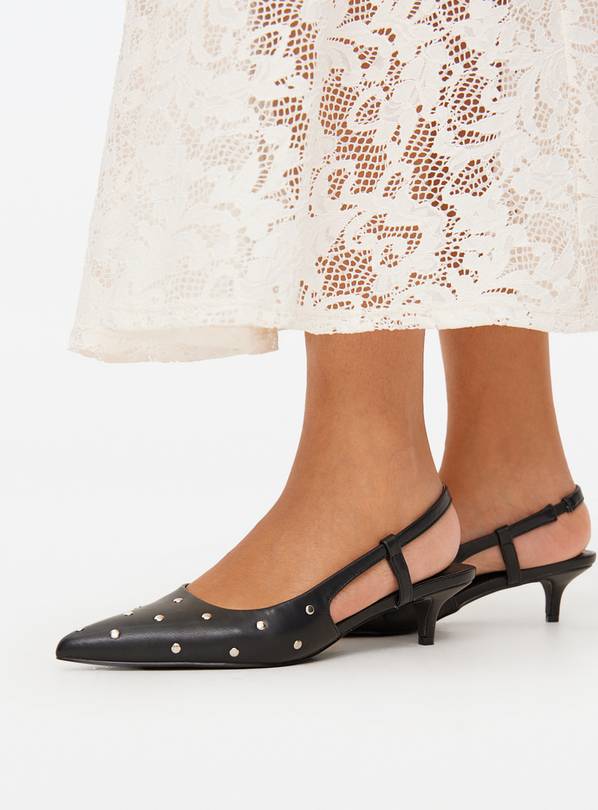 Black Studded Sling Back Kitten Heels 6