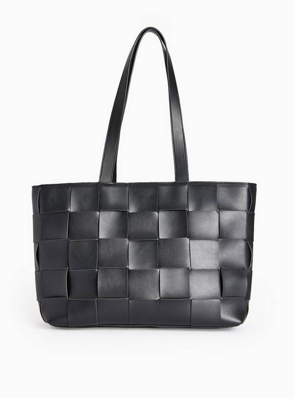Black Faux Leather Weave Detail Shopper Bag One Size