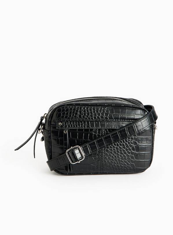 Black Faux Leather Croc Effect Camera Bag  One Size